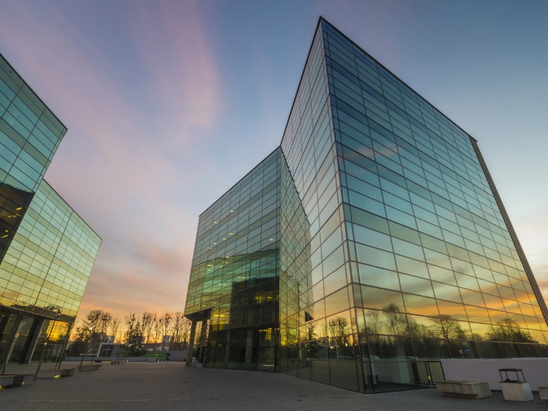 Global office building at dusk