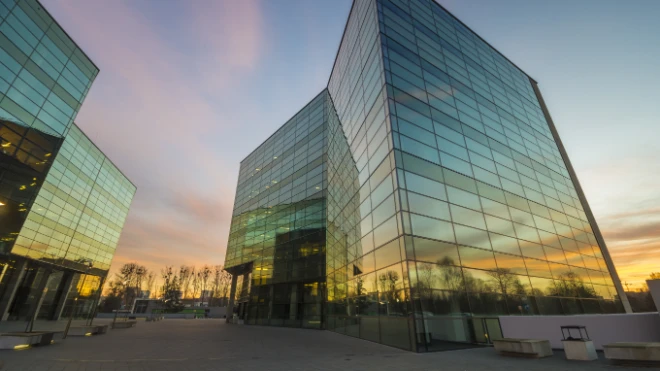 Global office building at dusk