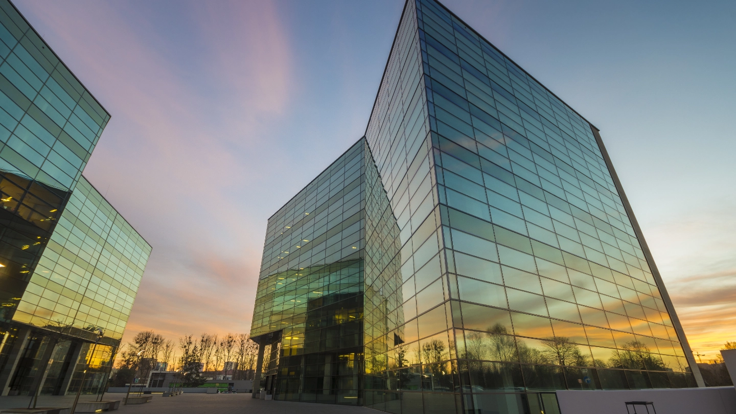 Corporate offices at dusk