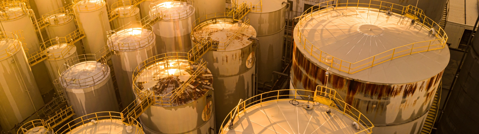Chemical storage plant in the evening sunlight
