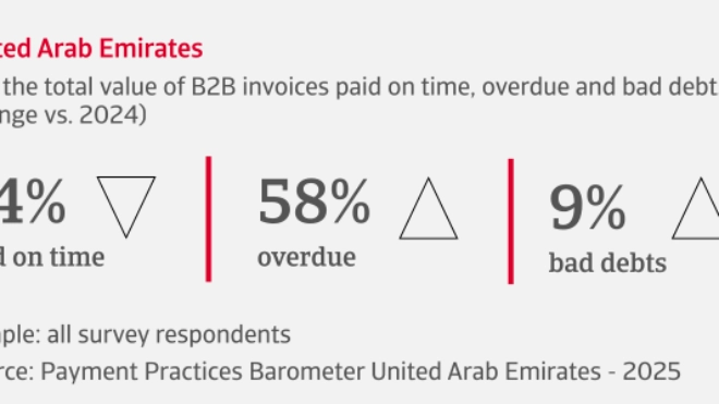 % of the total value of B2B invoices paid on time, overdue and bad debts in United Arab Emirates