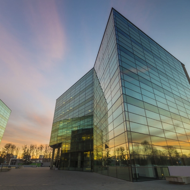 Corporate offices at dusk